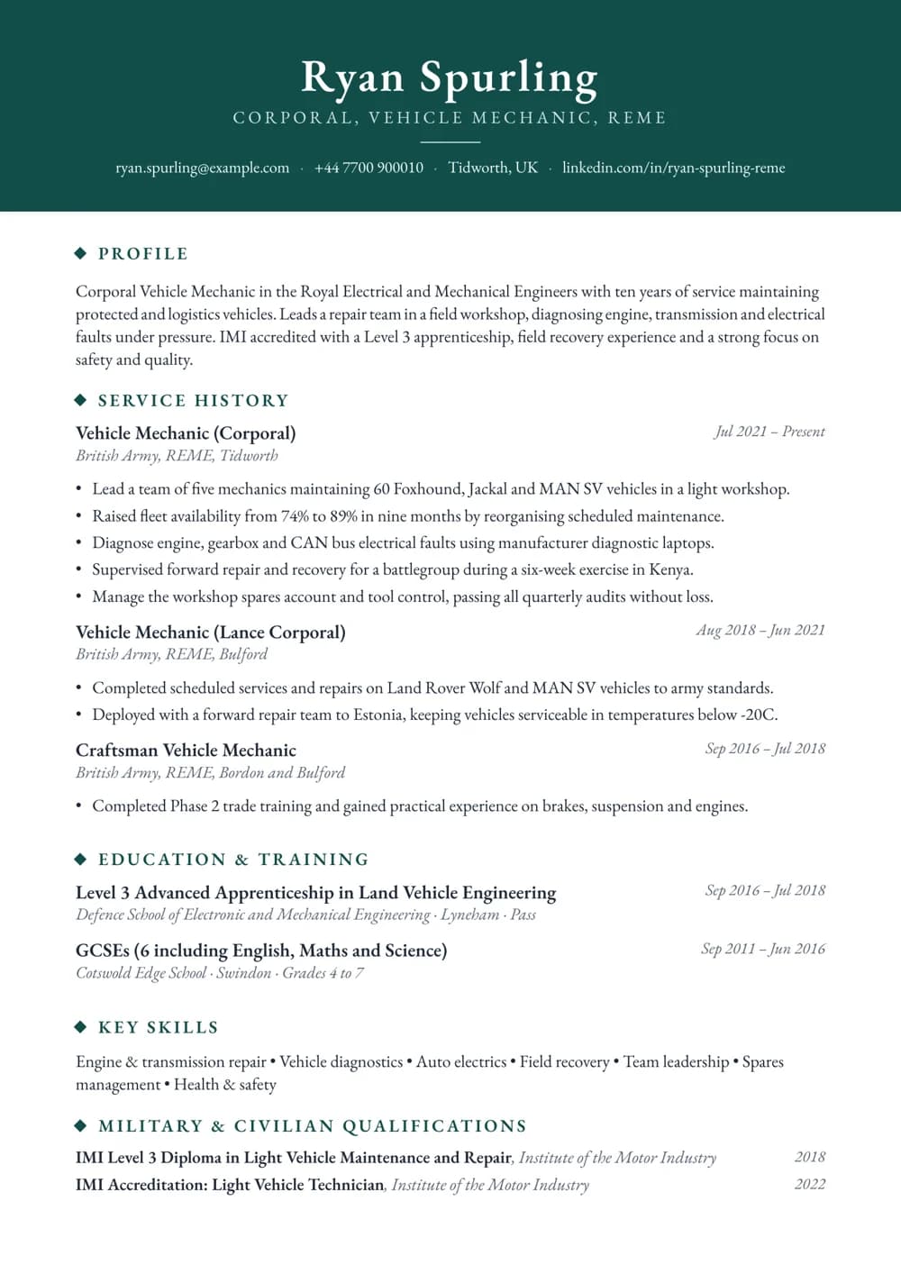 REME Vehicle Mechanic CV template