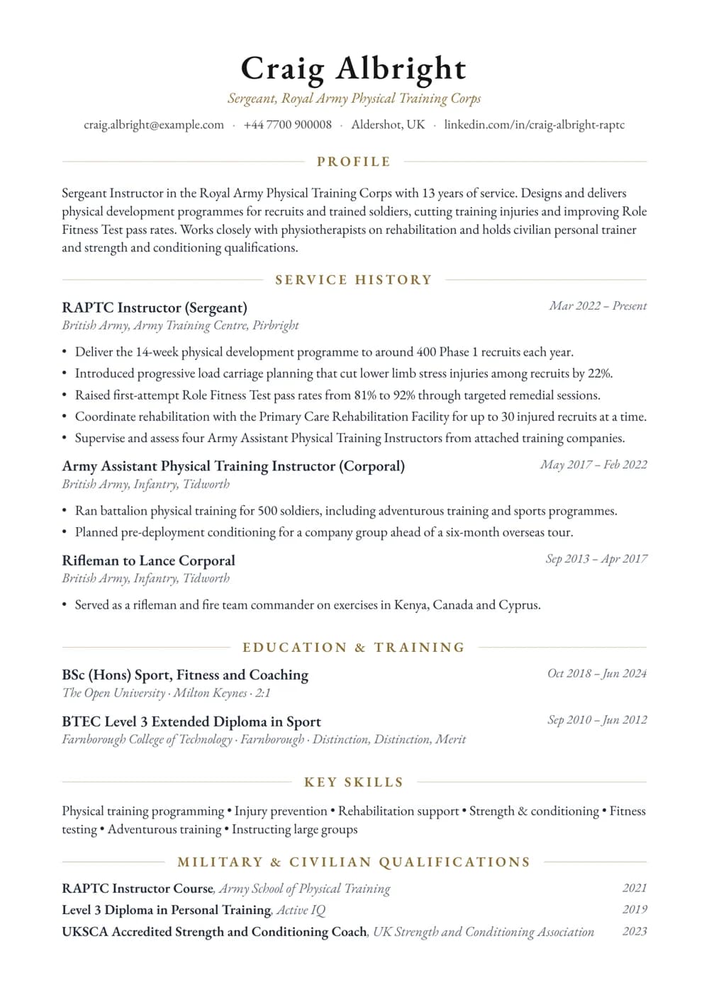 Army Physical Training Instructor CV template