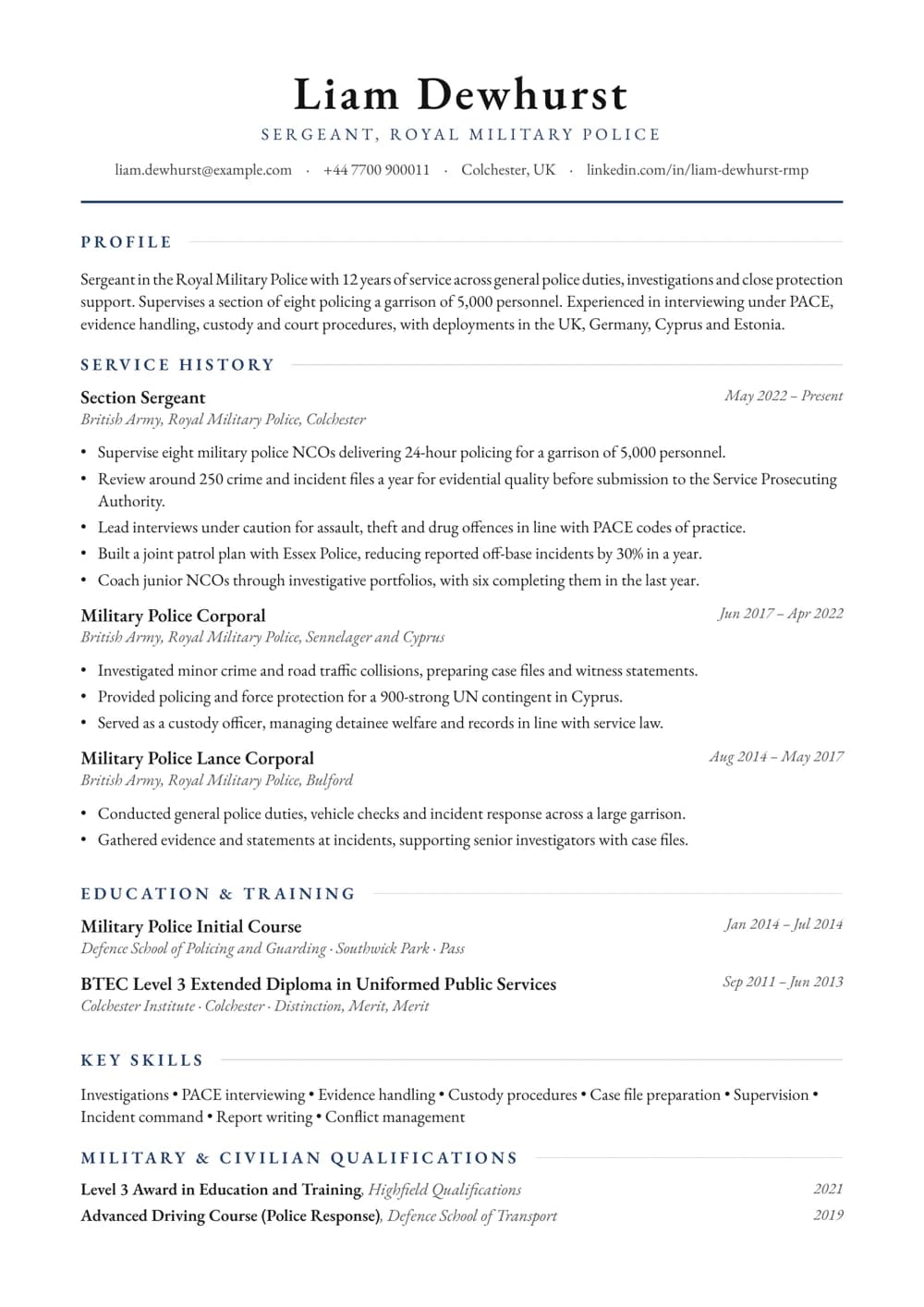 Royal Military Police NCO CV template