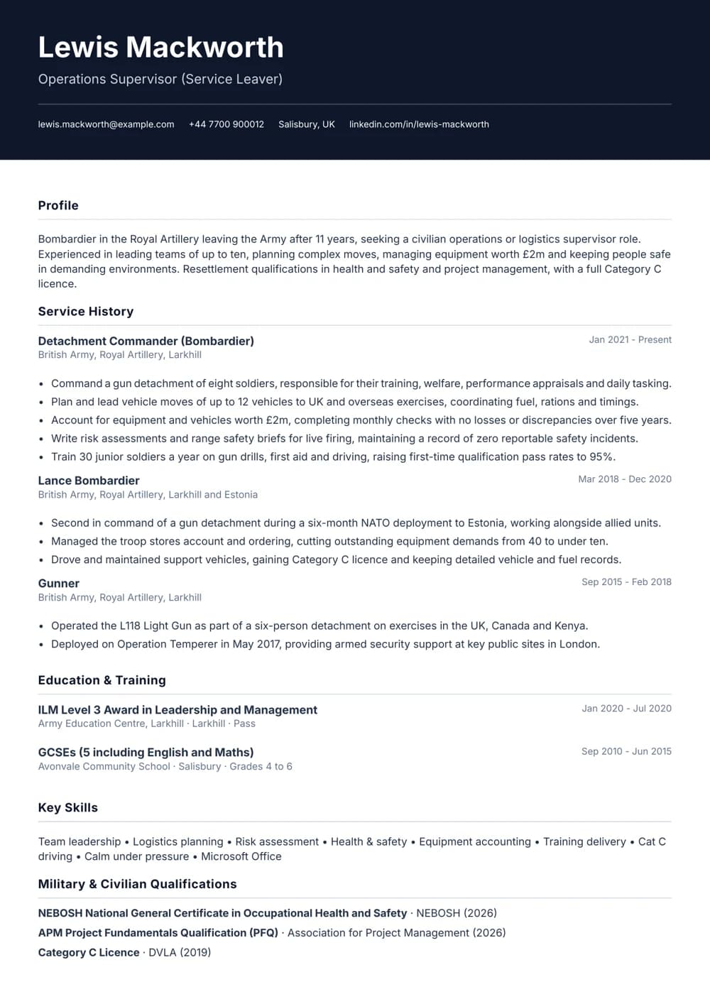 Army Service Leaver CV template
