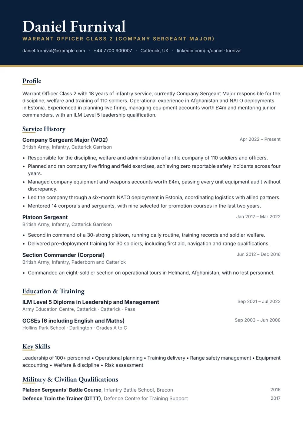 Army Warrant Officer CV template