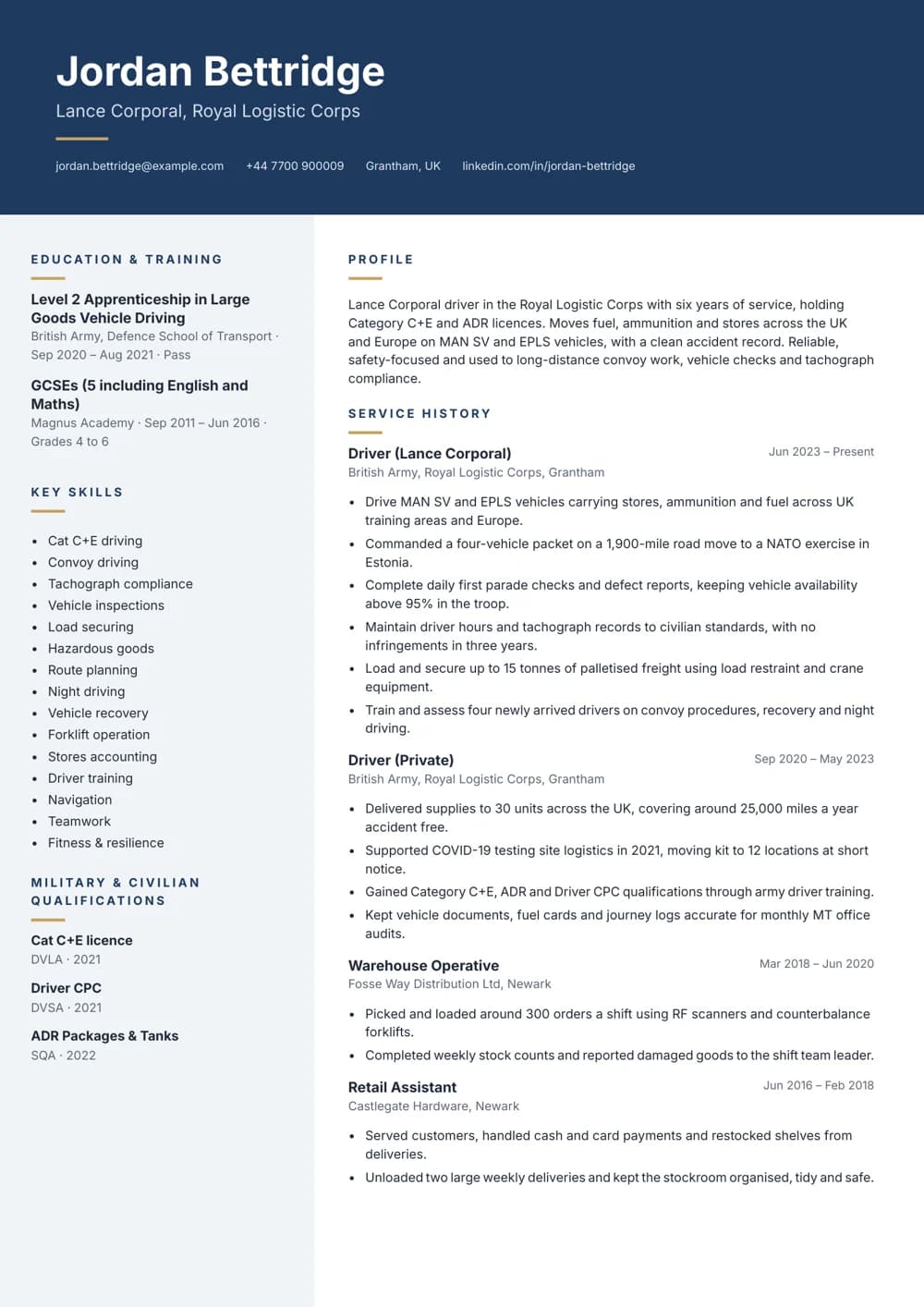 Royal Logistic Corps Driver CV template