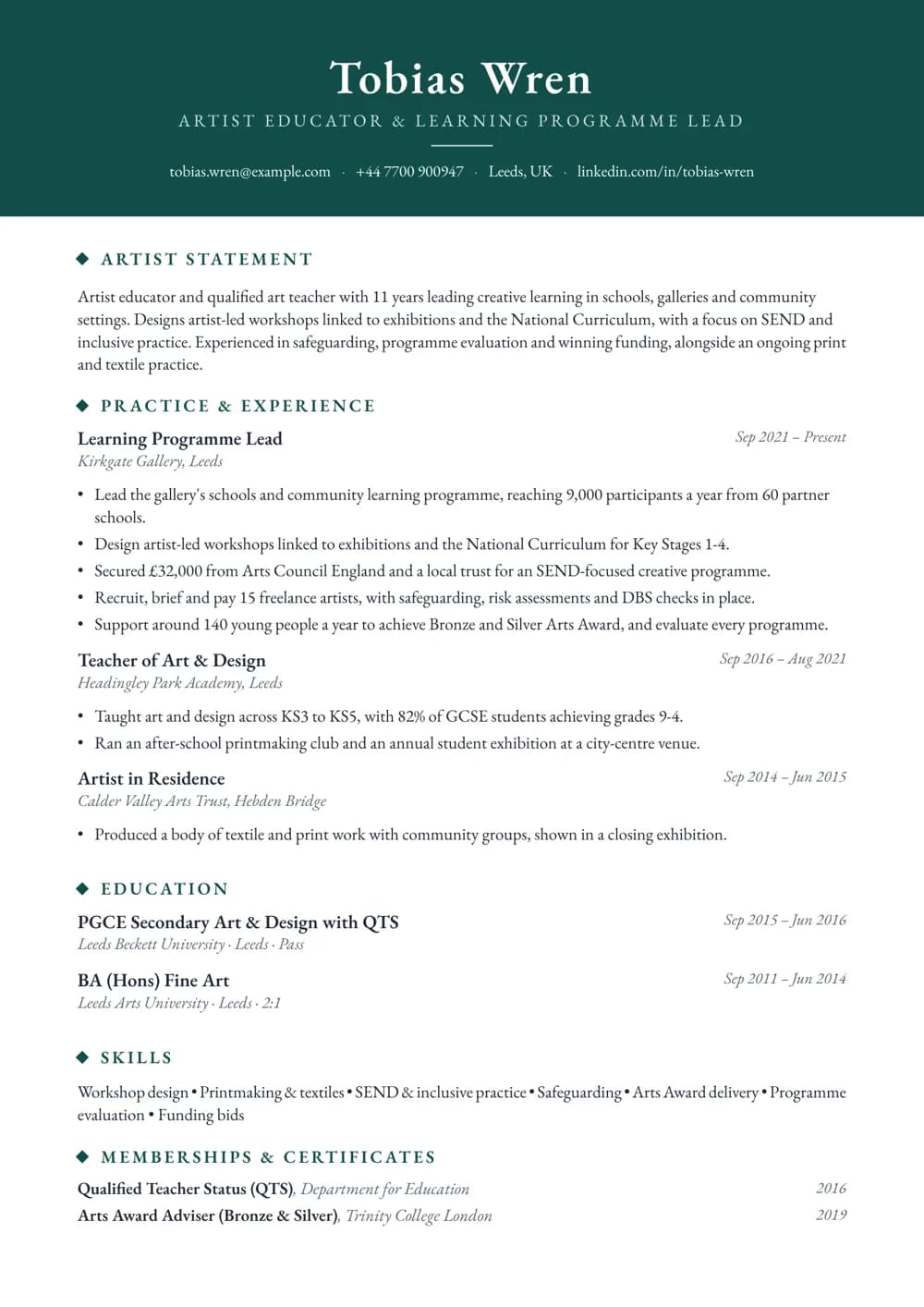artist educator cv template