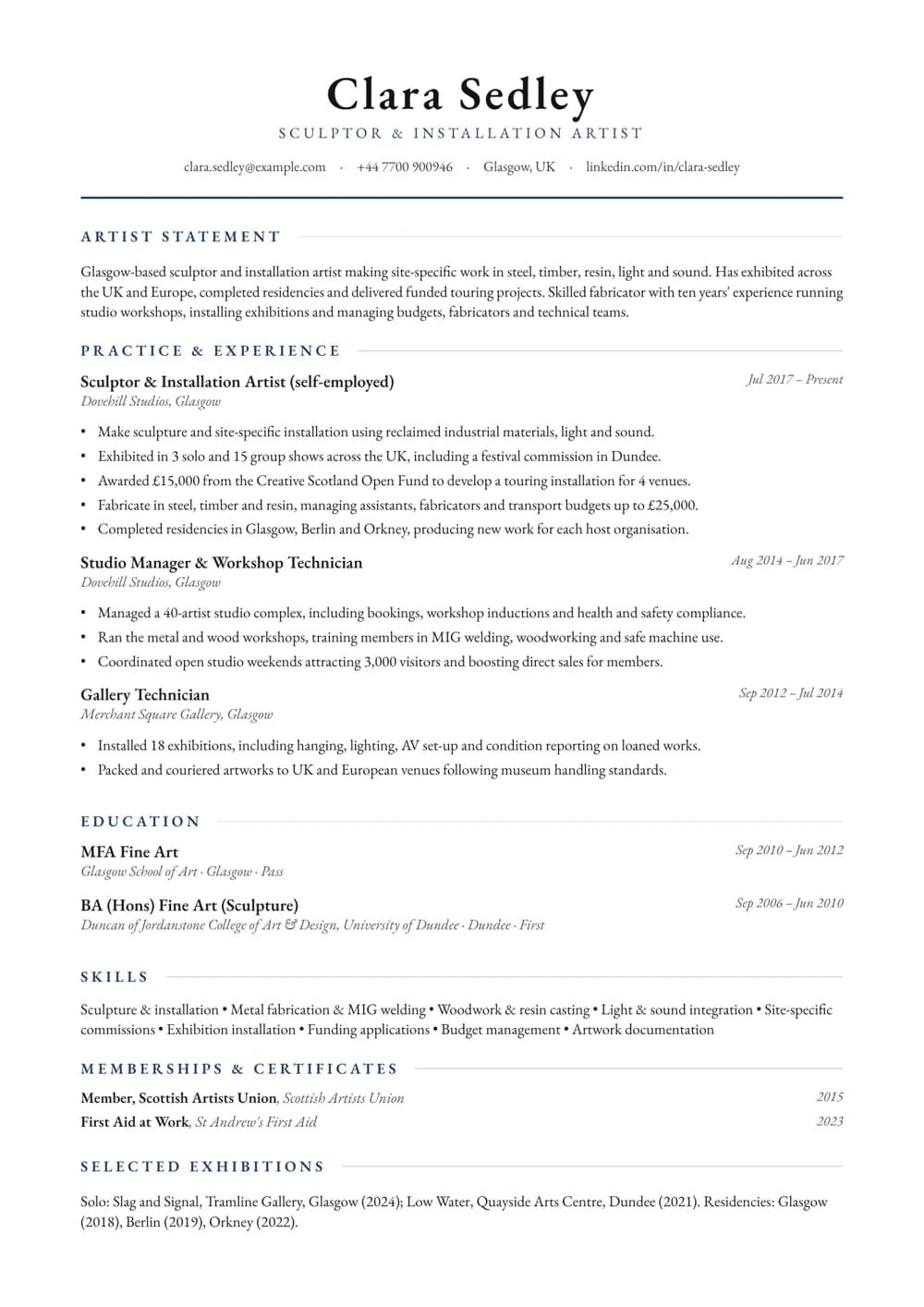 sculptor & installation artist cv template