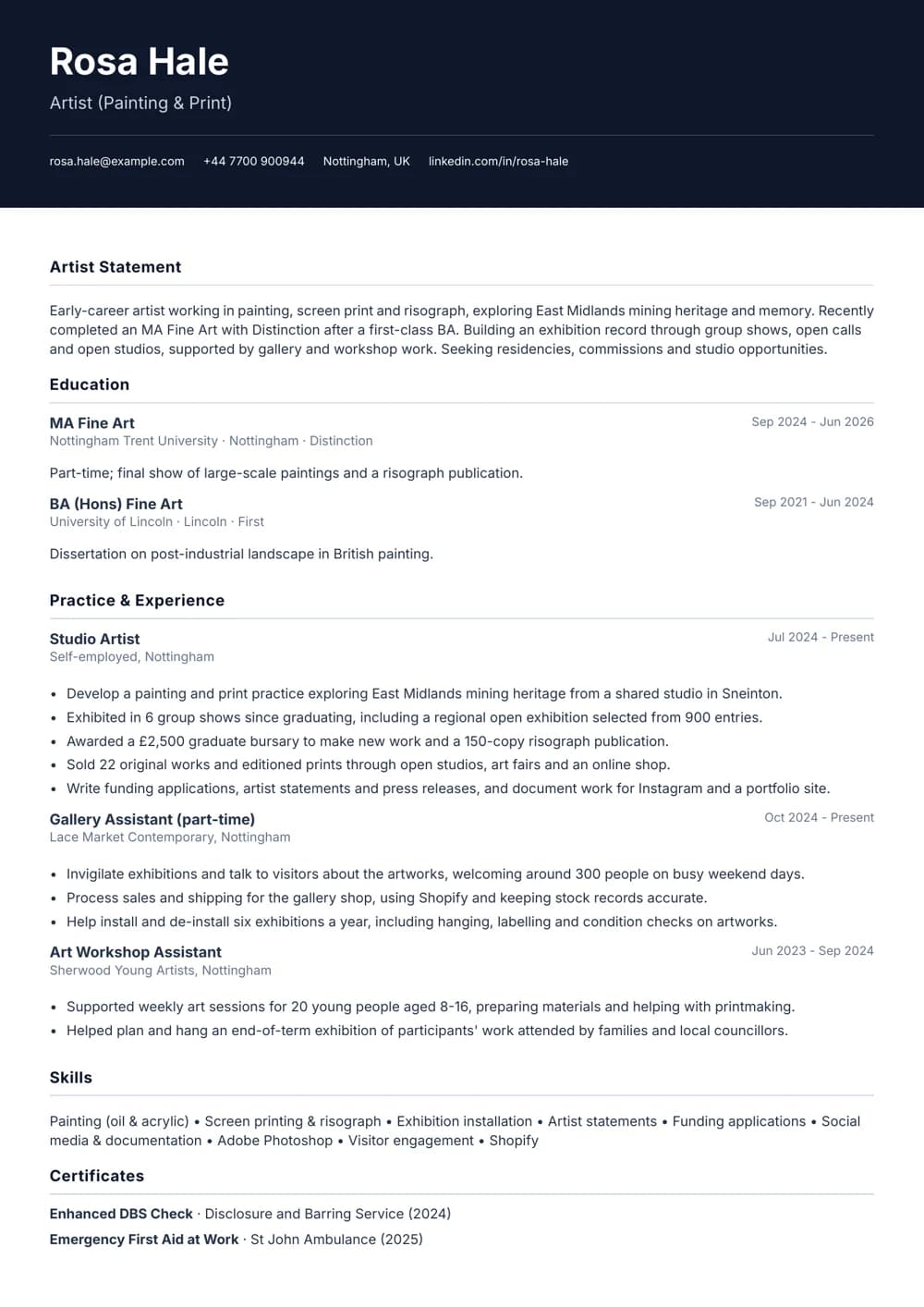 early-career artist cv template