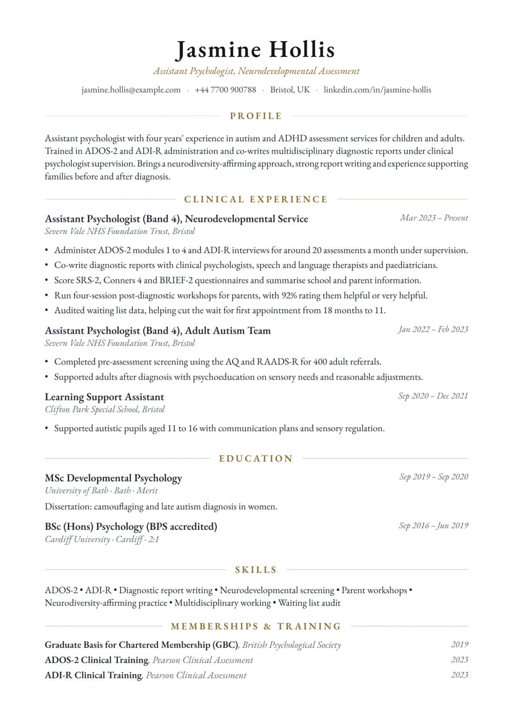 Autism Assessment AP CV template