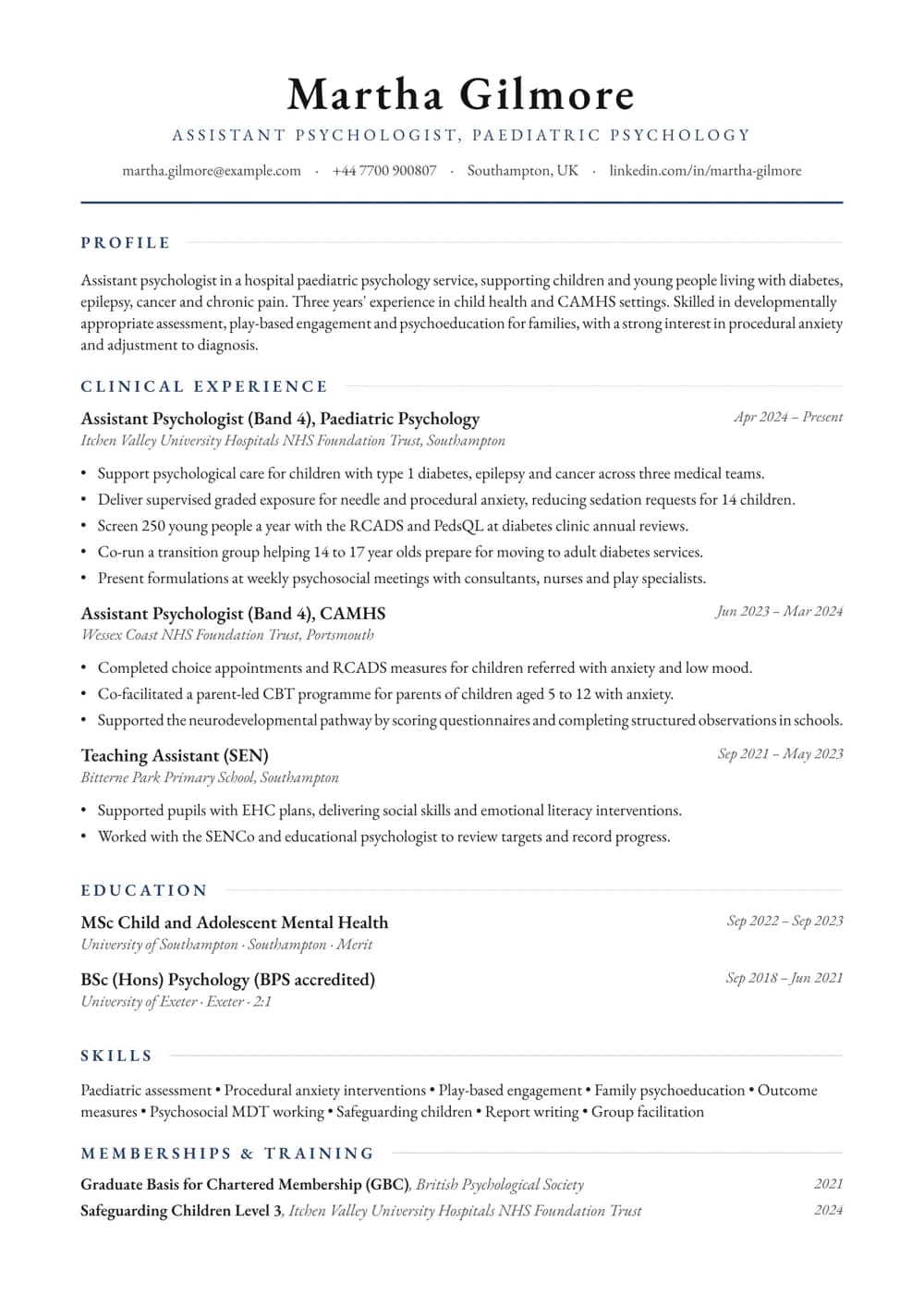 Paediatric Psychology AP CV template