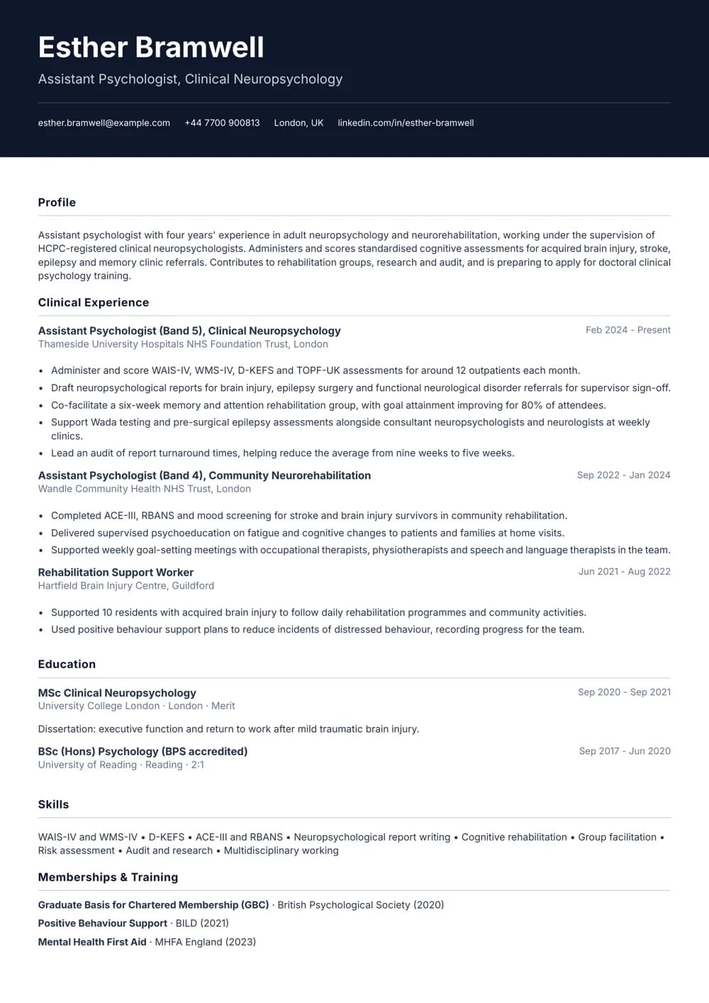 neuropsychology assistant psychologist cv cv template