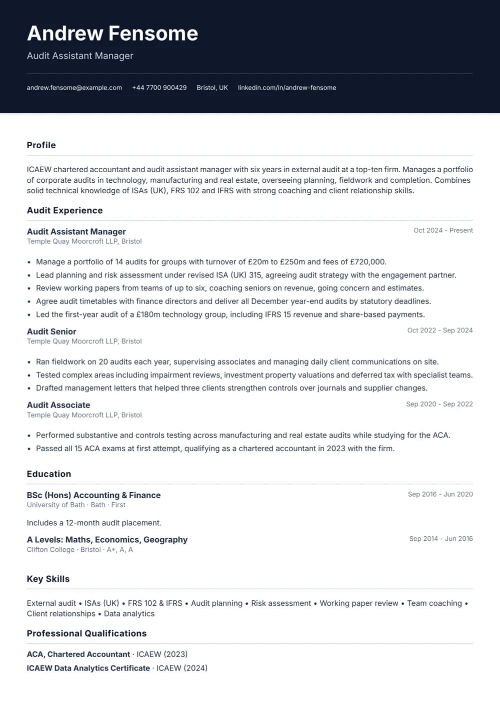Audit Assistant Manager CV template