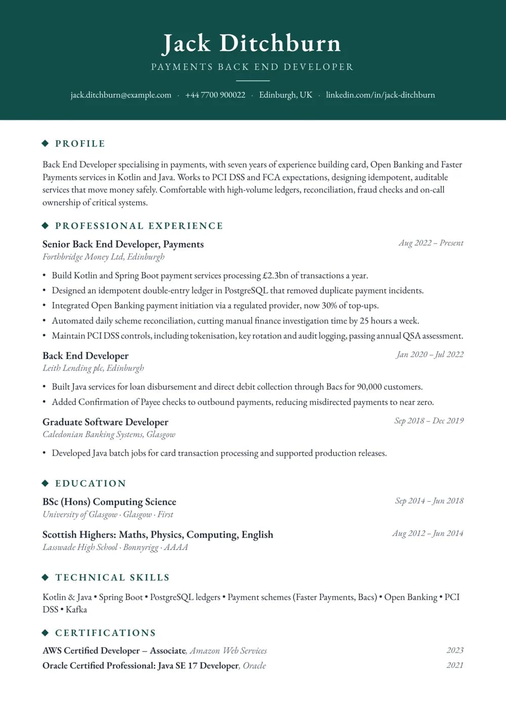 Payments Back End Developer CV template
