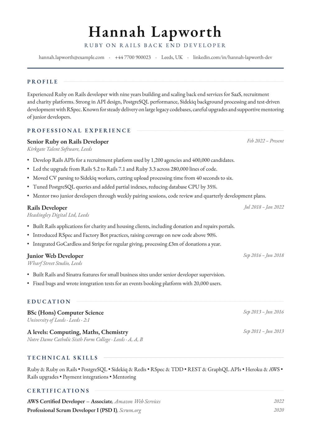 Ruby Back End Developer CV template