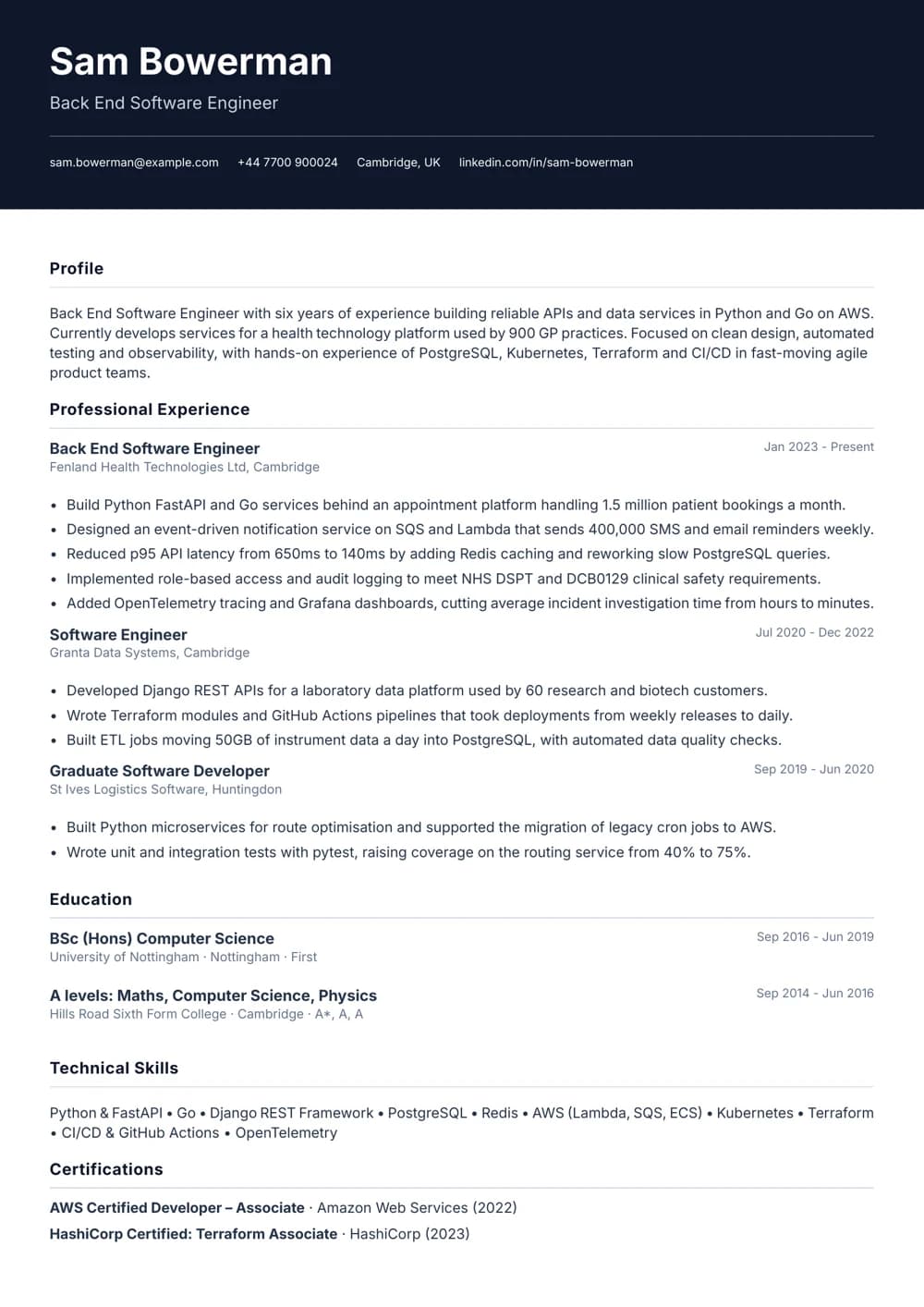 Back End Software Engineer CV template