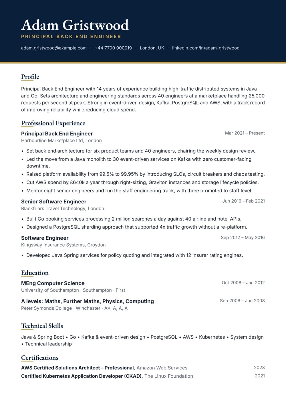 Principal Back End Engineer CV template