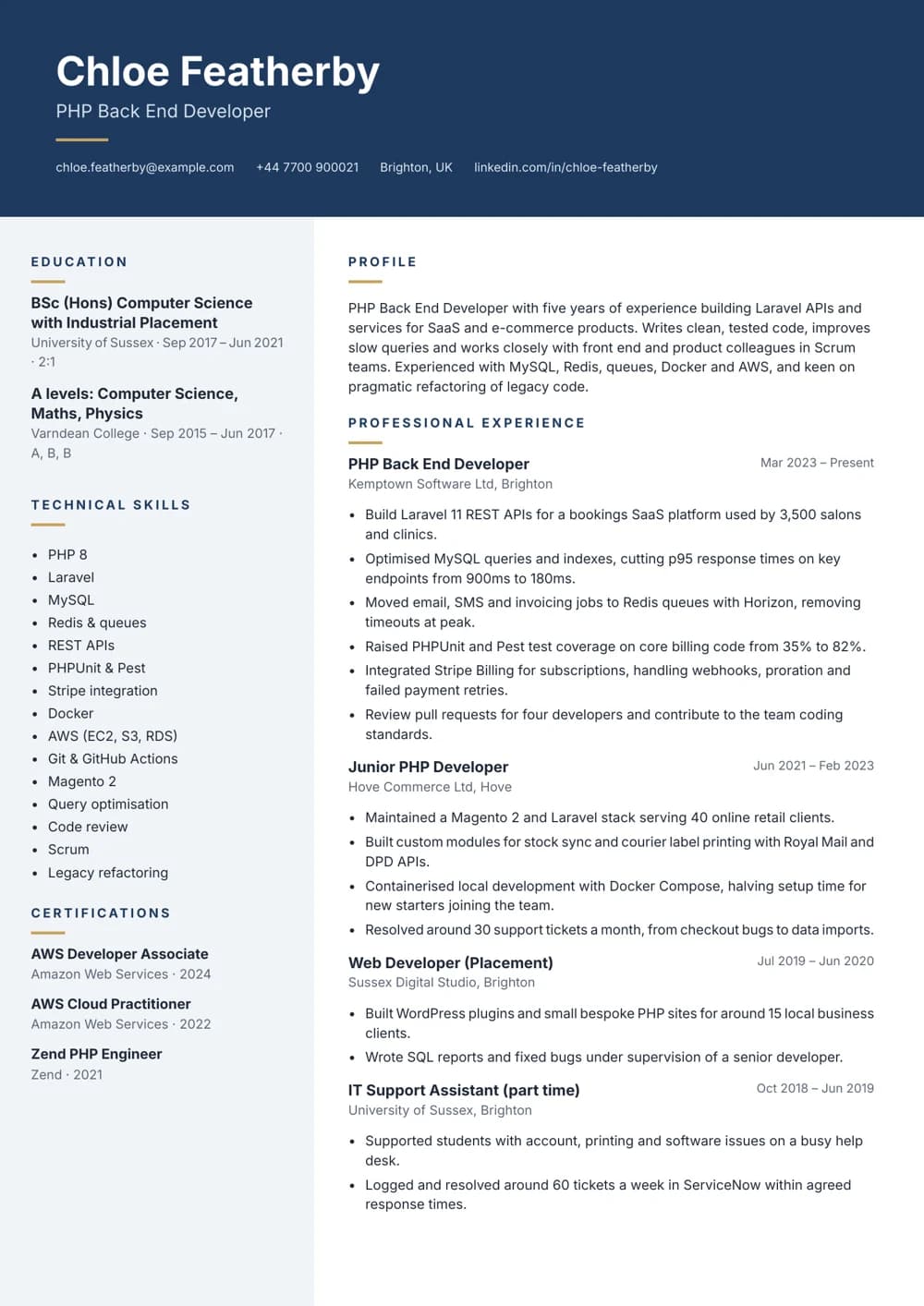 PHP Back End Developer CV template