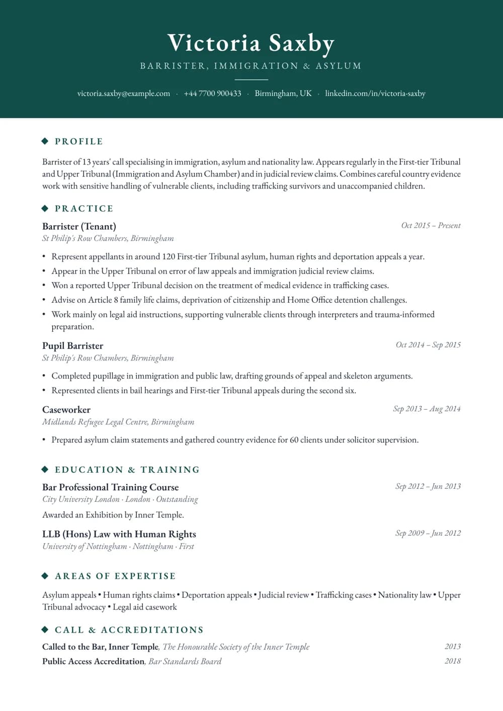 Immigration Barrister CV template