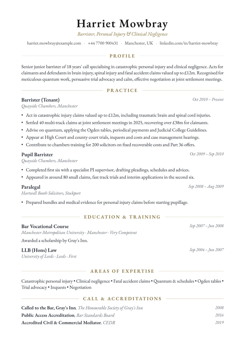 Personal Injury Barrister CV template