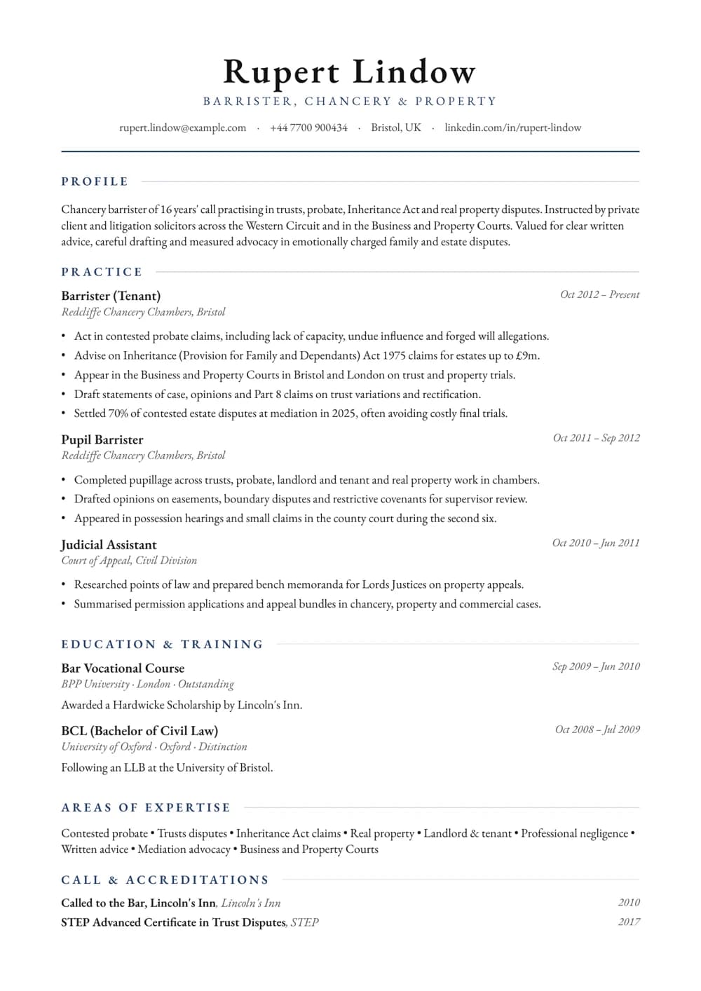 Chancery Barrister CV template