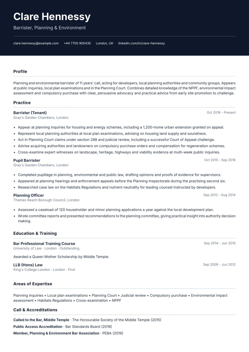 Planning Barrister CV template