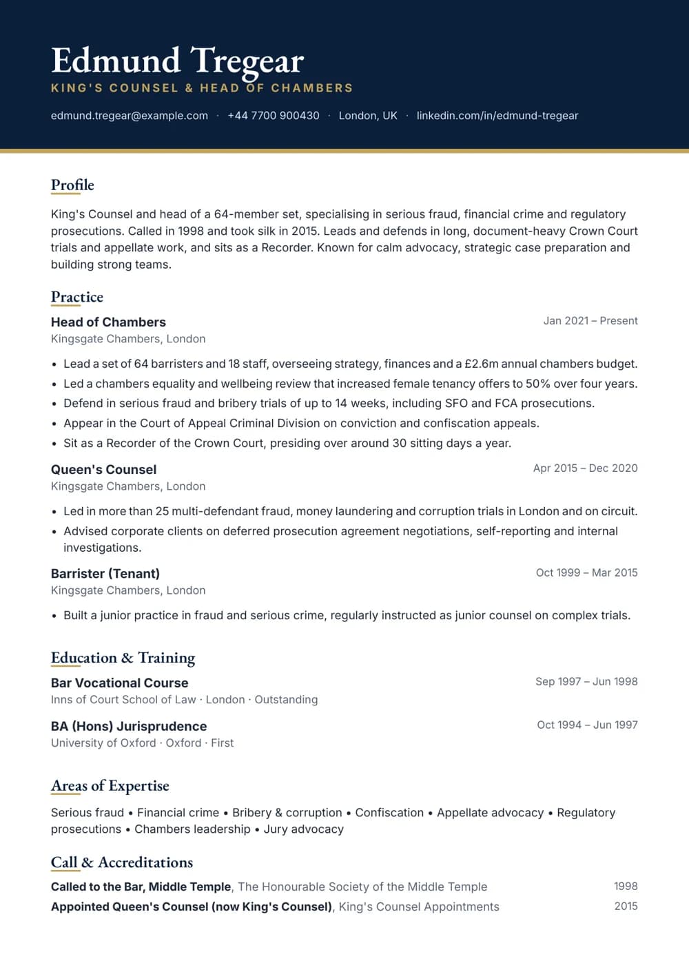 Head of Chambers CV template