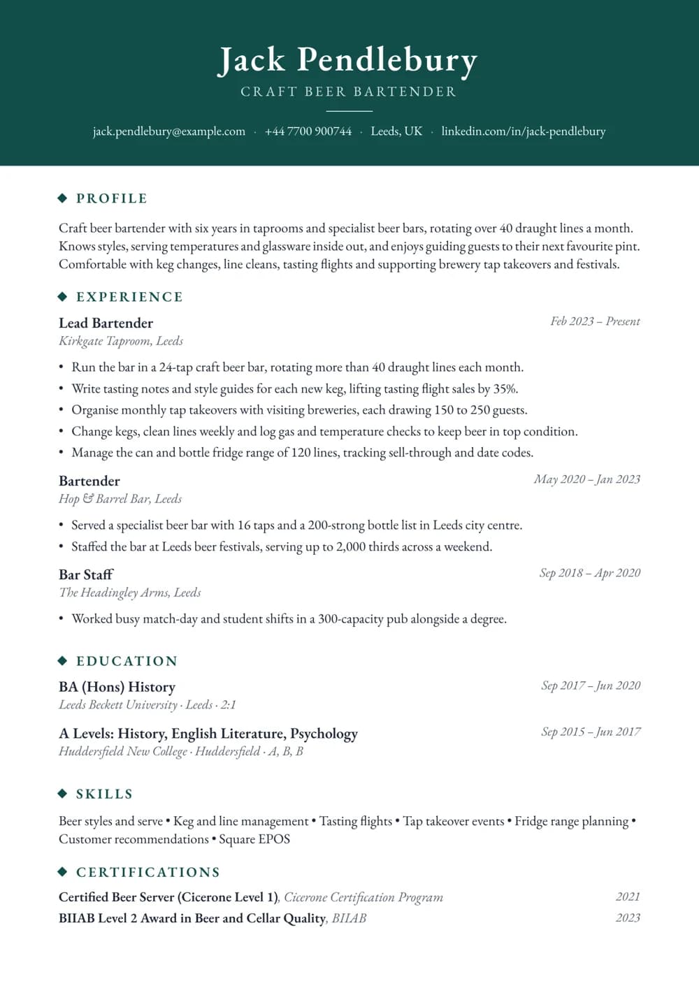 Craft Beer Bartender CV template