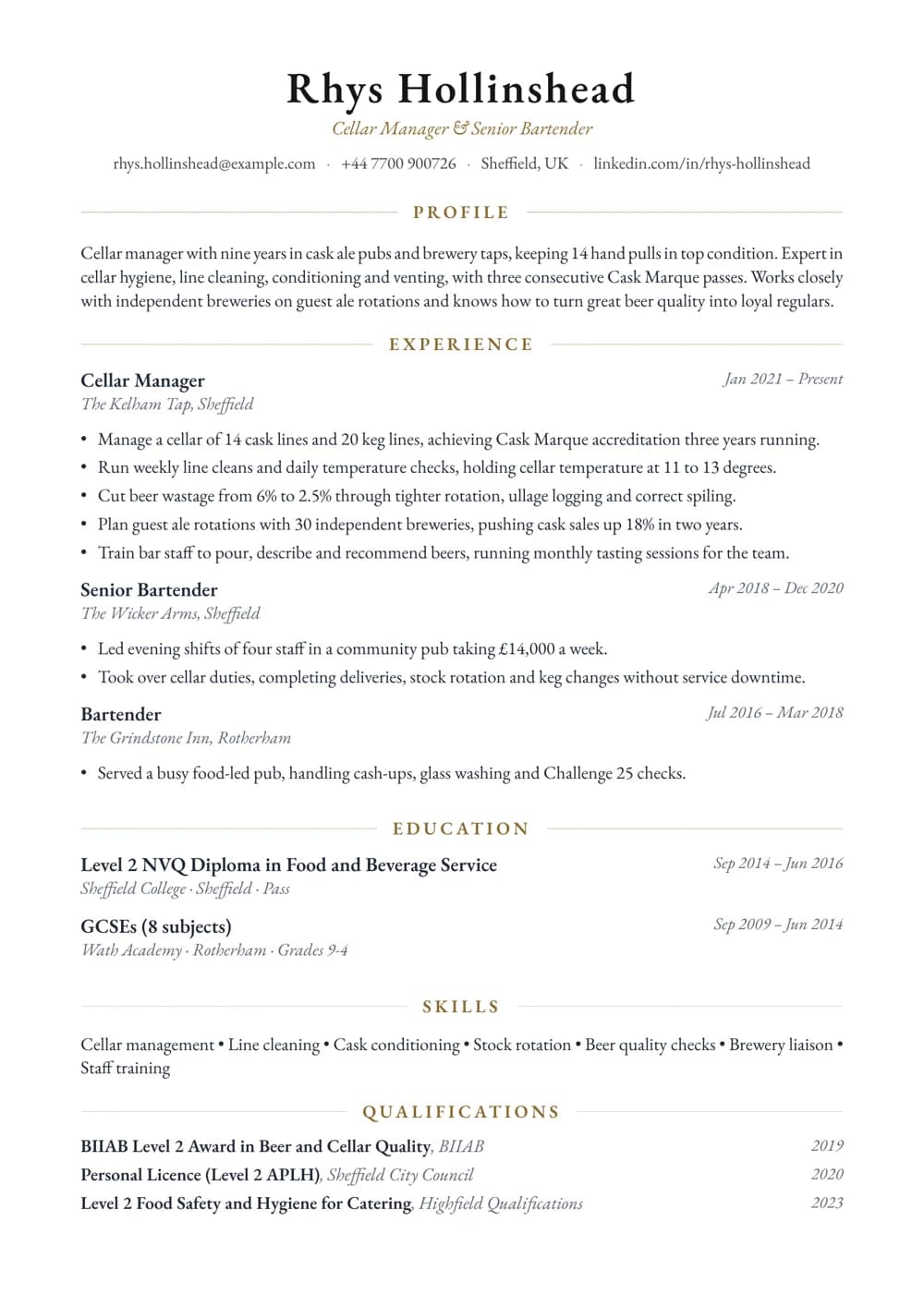 Cellar Manager CV template