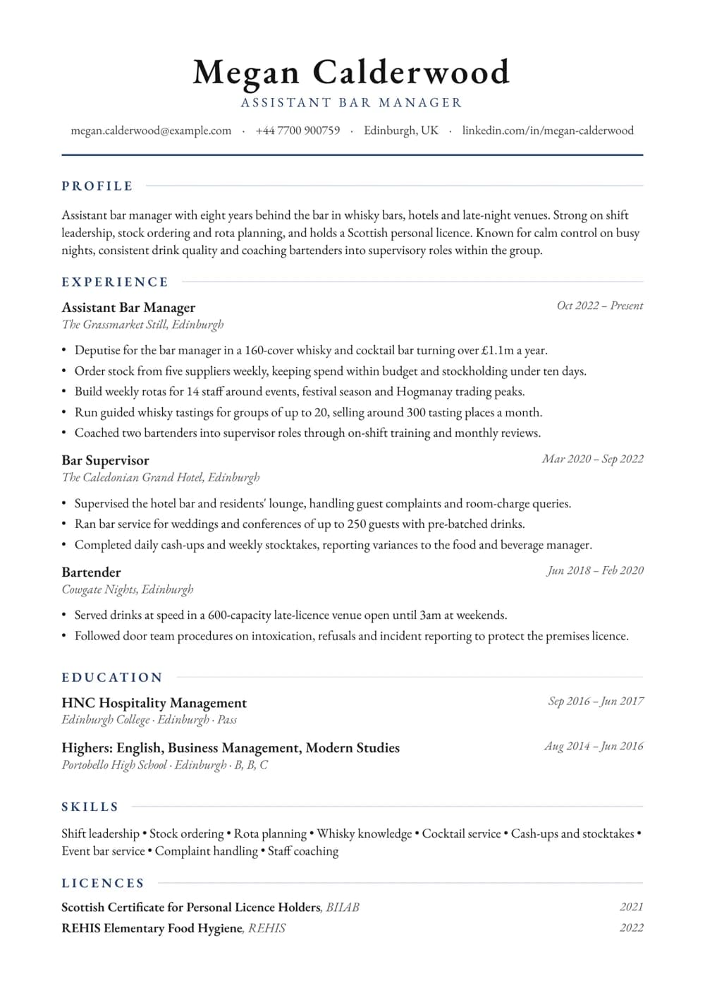 Assistant Bar Manager CV template