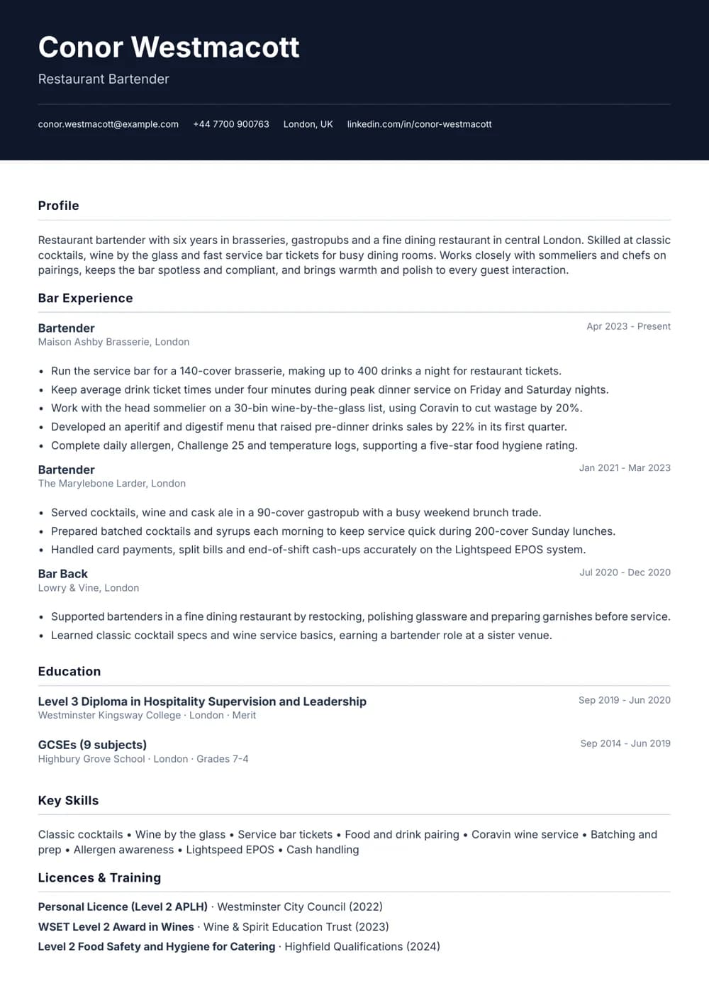 Restaurant Bartender CV template