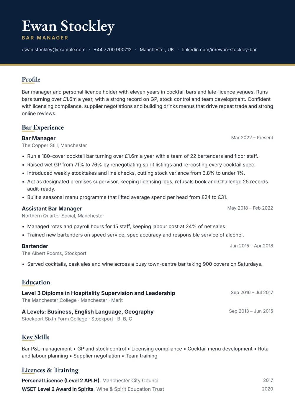 Bar Manager CV template