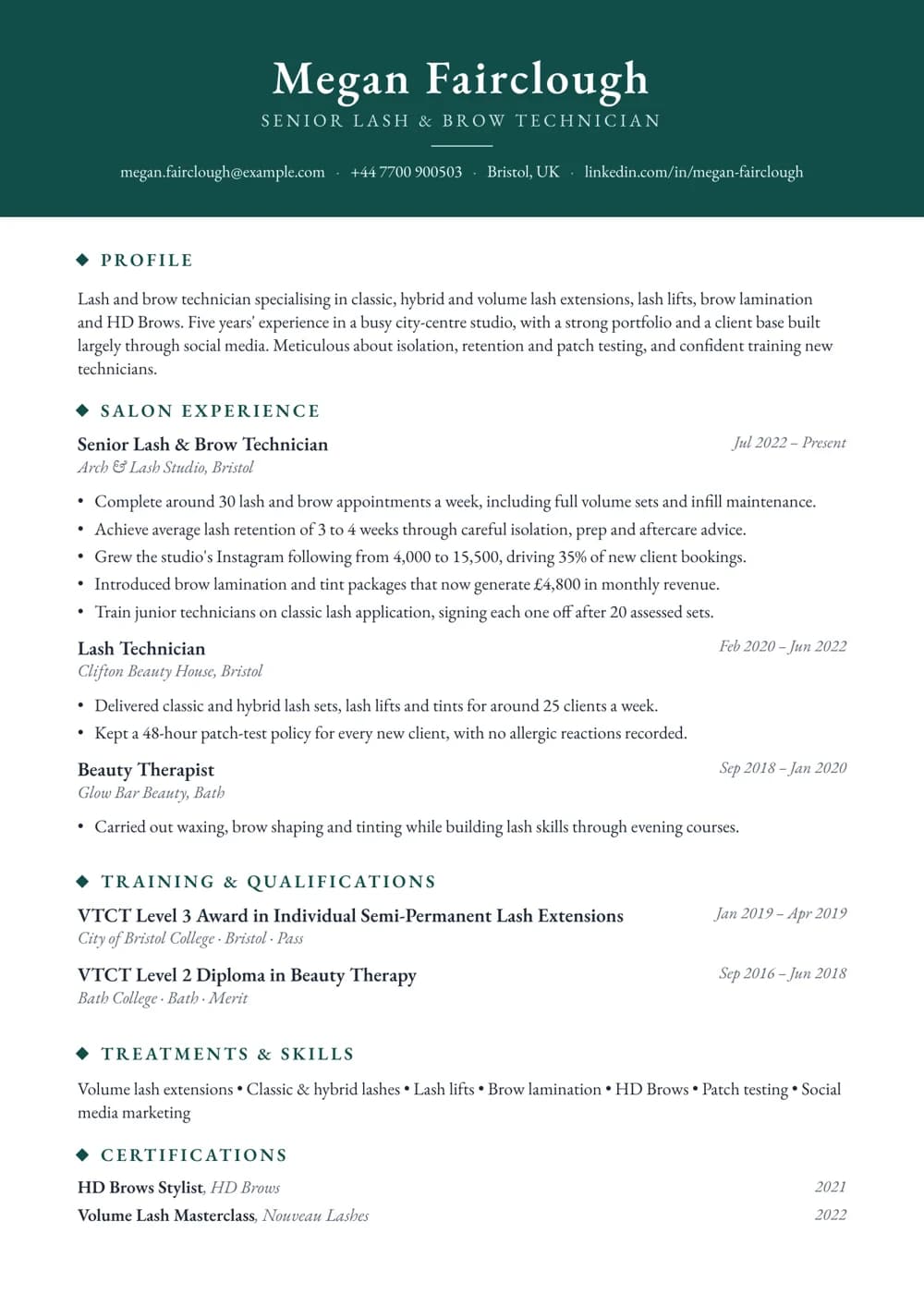 lash & brow technician cv template