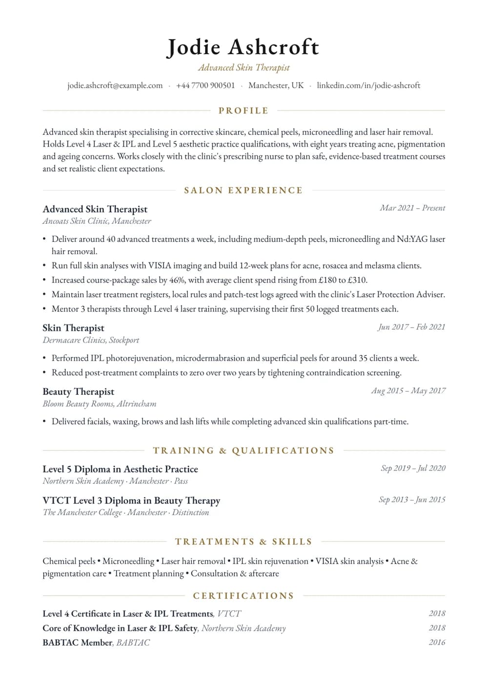 Advanced Skin Therapist CV template