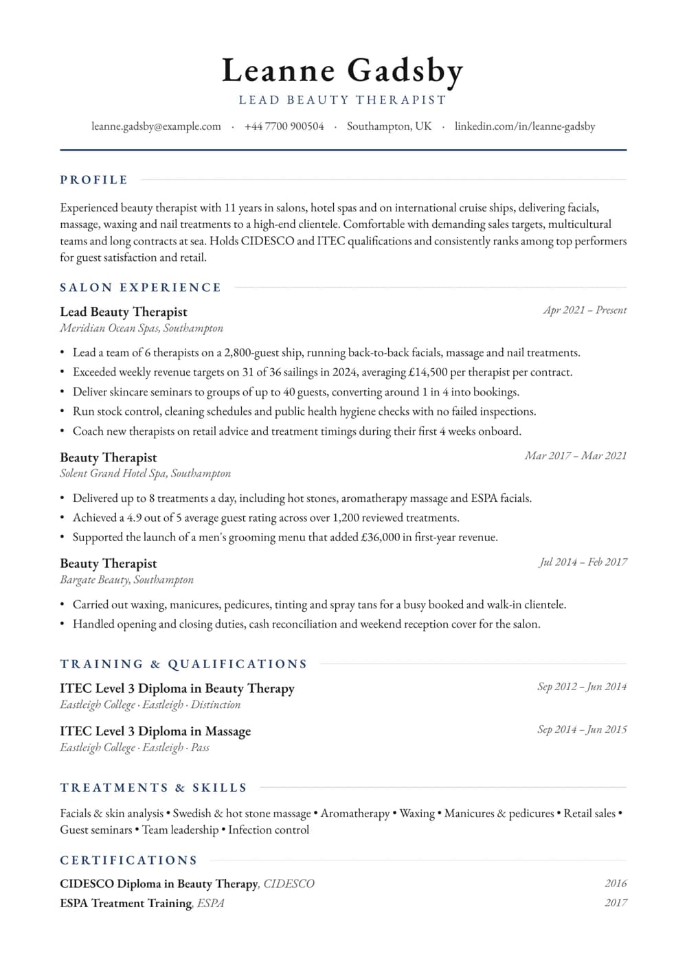 Cruise Ship Beauty Therapist CV template
