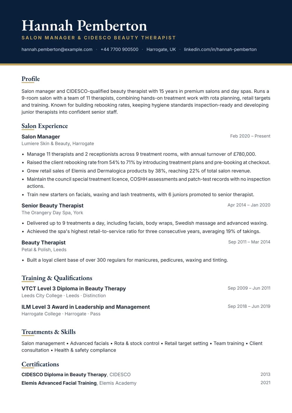 salon manager cv template