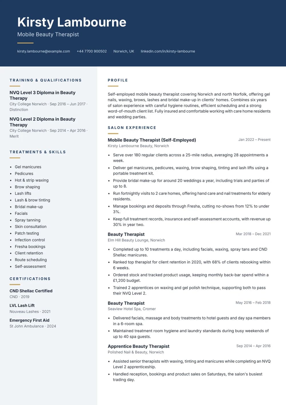 Mobile Beauty Therapist CV template