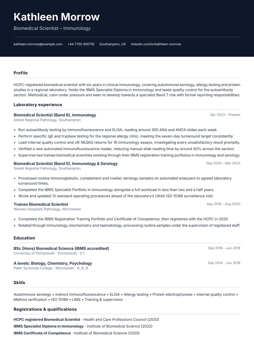 Immunology Biomedical Scientist CV template