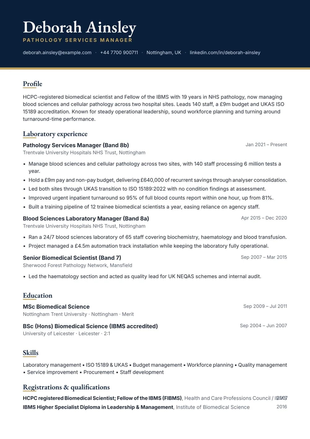 Pathology Services Manager CV template