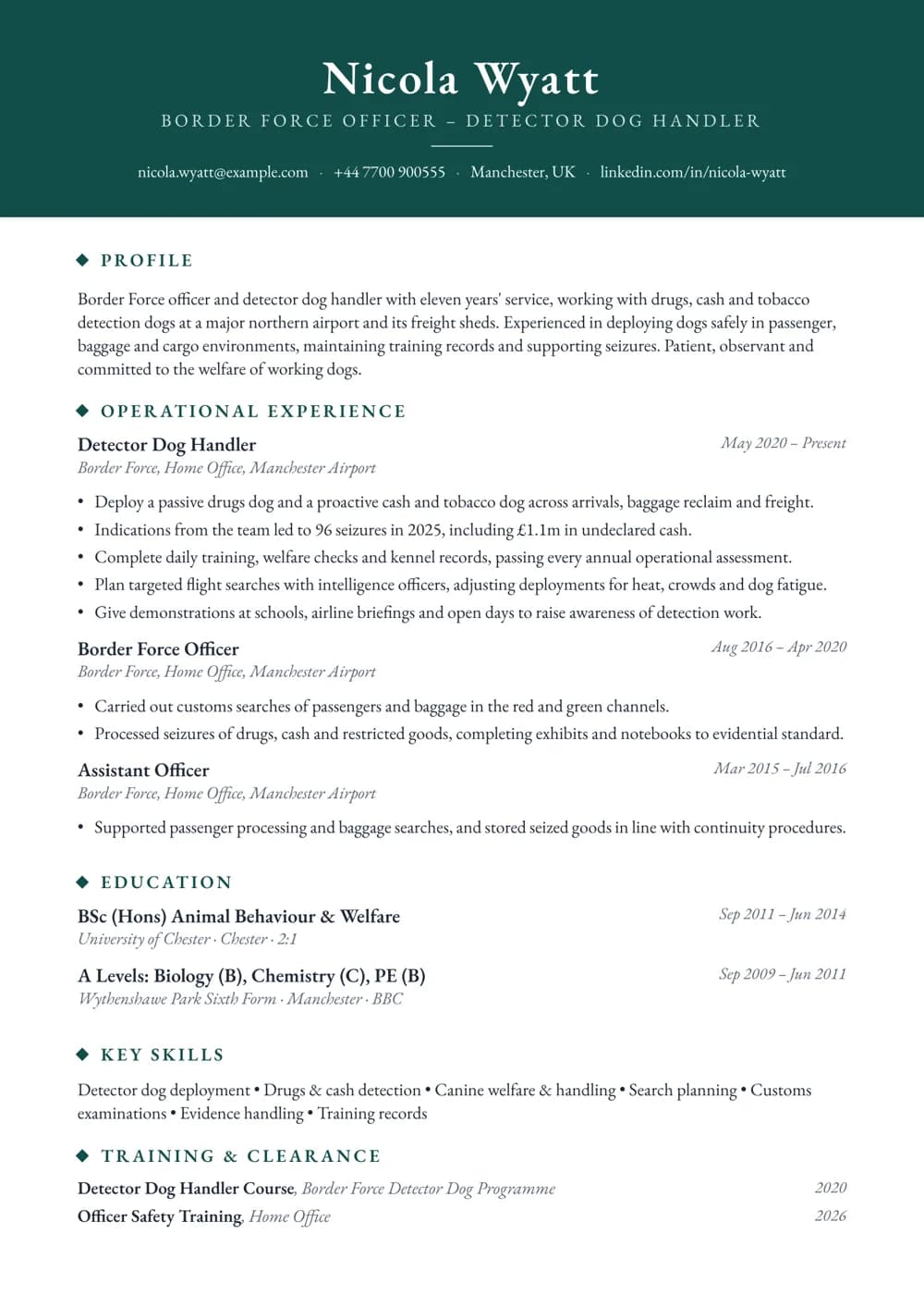 Border Force Dog Handler CV template