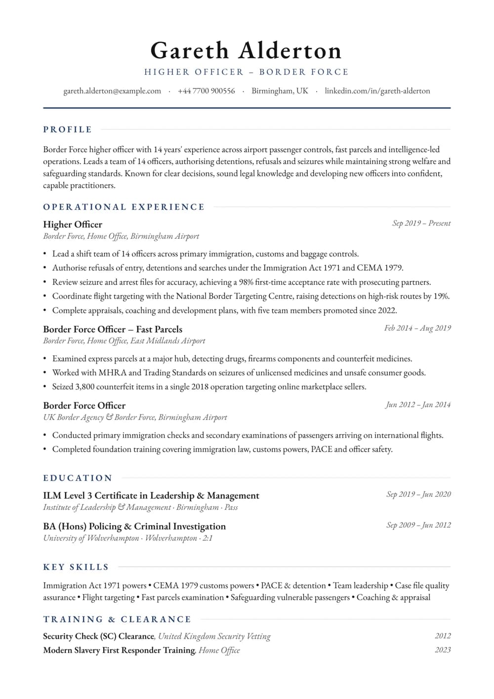 Border Force Higher Officer CV template