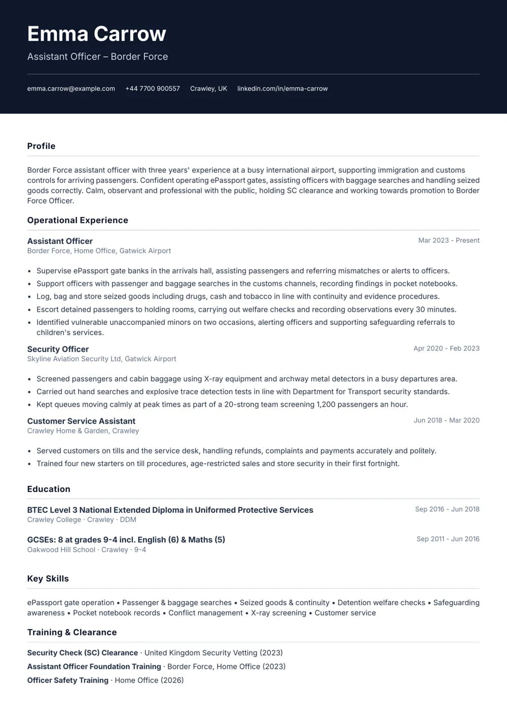 Border Force Assistant Officer CV template