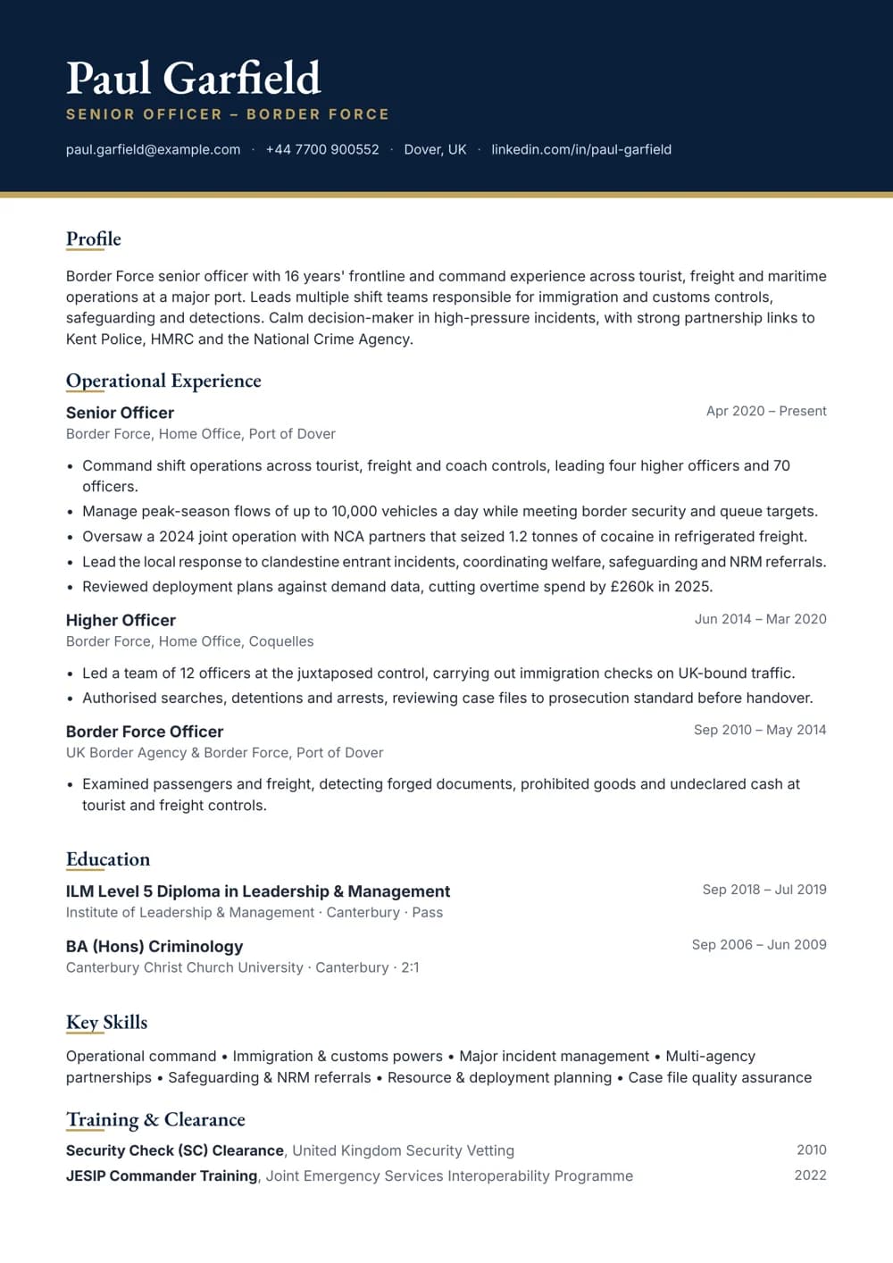 Border Force Senior Officer CV template