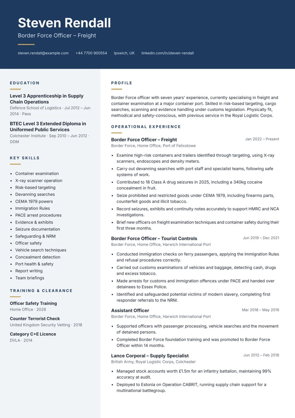 Border Force Freight Officer CV template