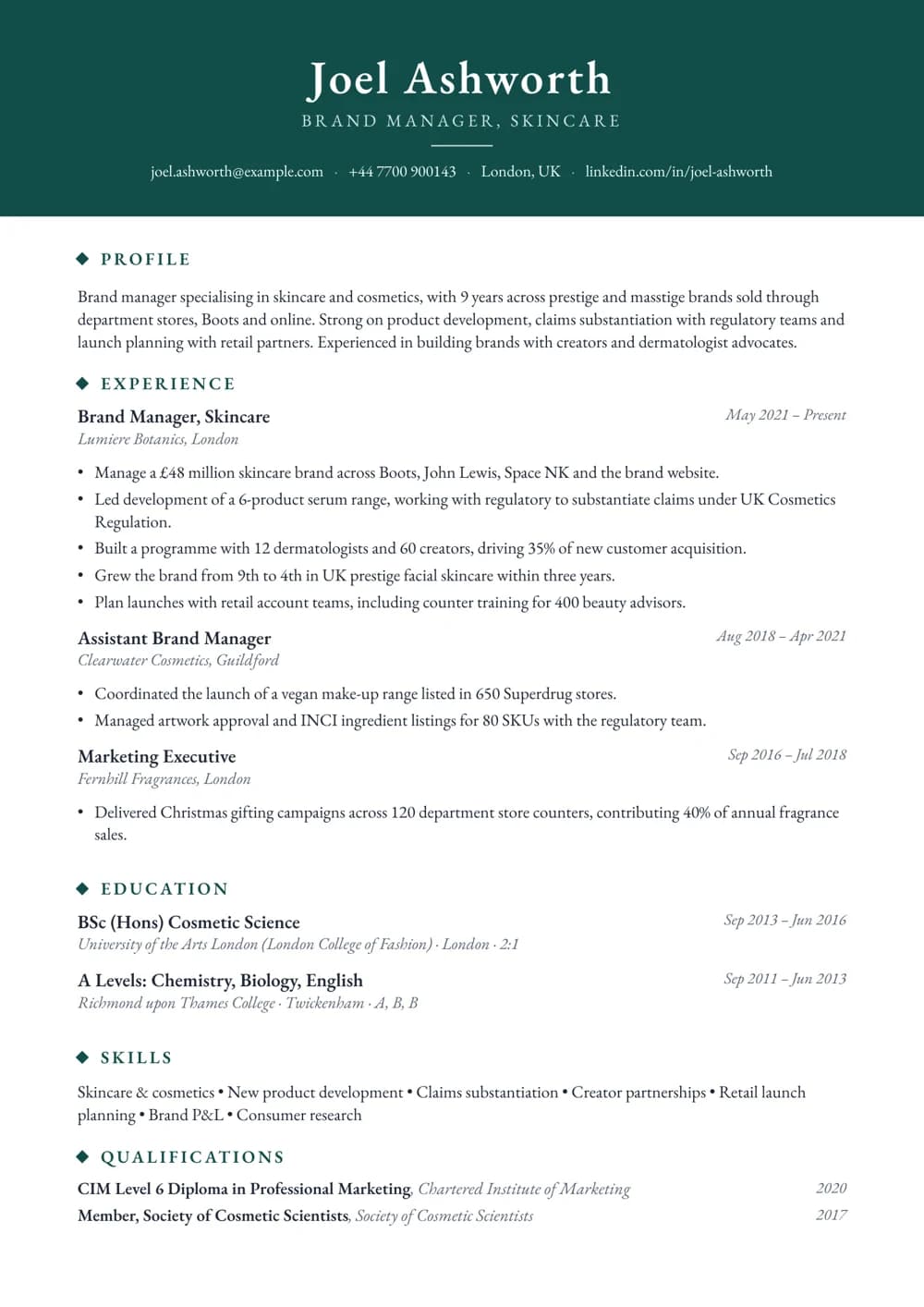 Beauty Brand Manager CV template