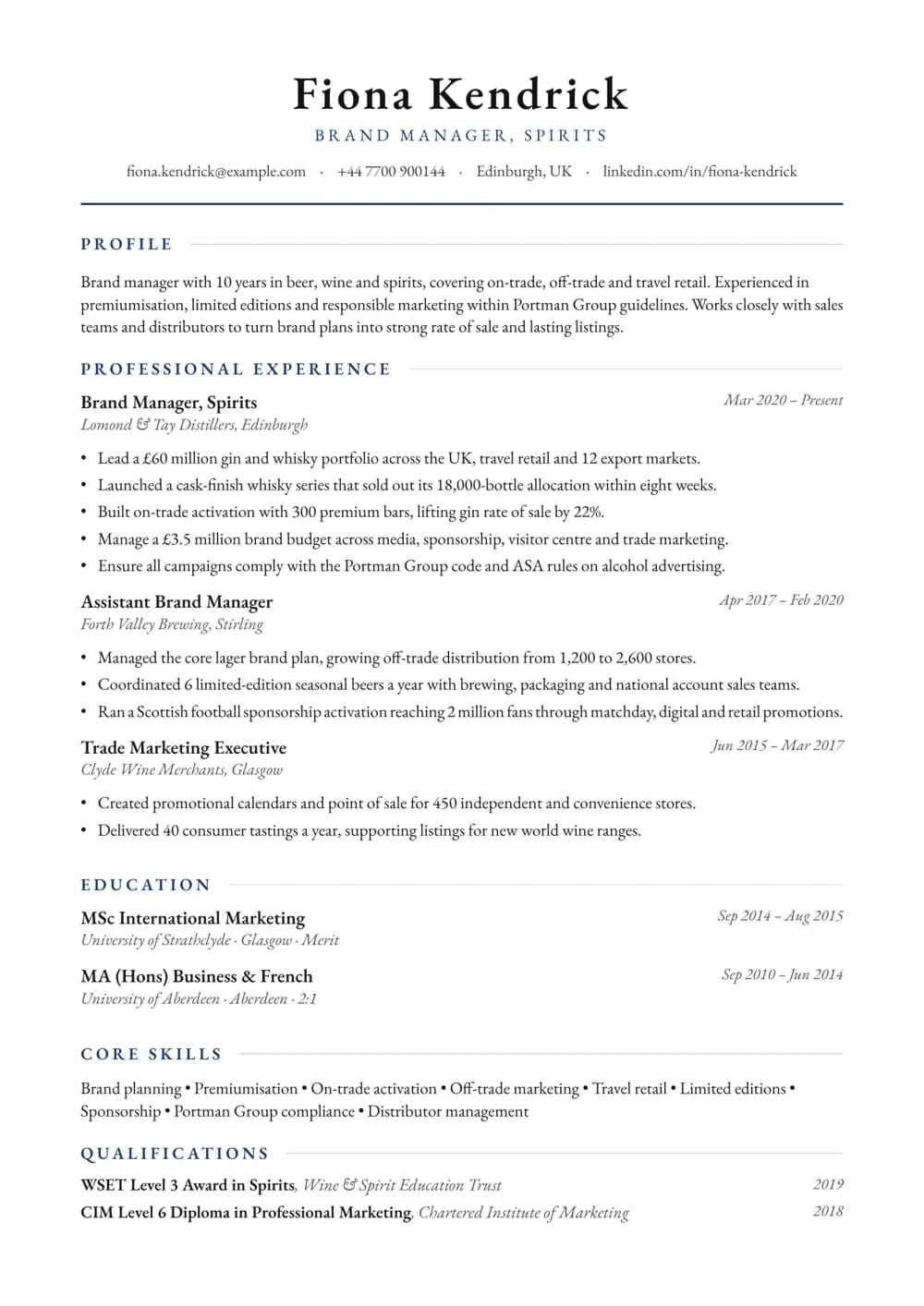 Drinks Brand Manager CV template