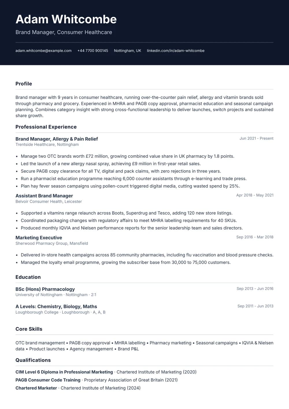 Consumer Healthcare Brand Manager CV template