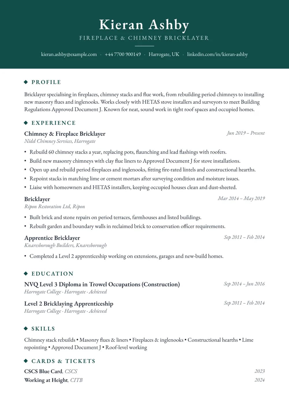 Fireplace & Chimney Bricklayer CV template