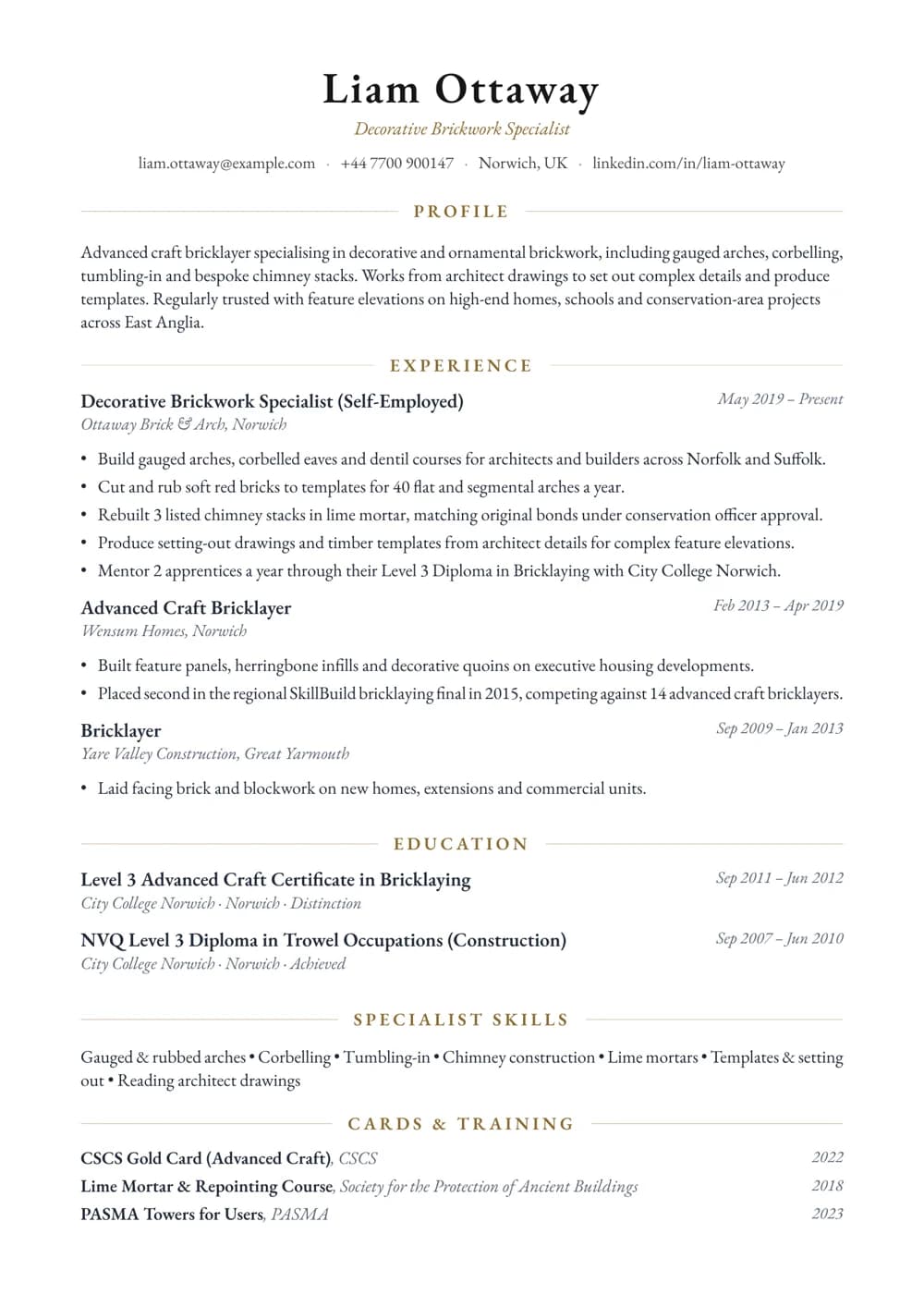 Decorative Brickwork Specialist CV template
