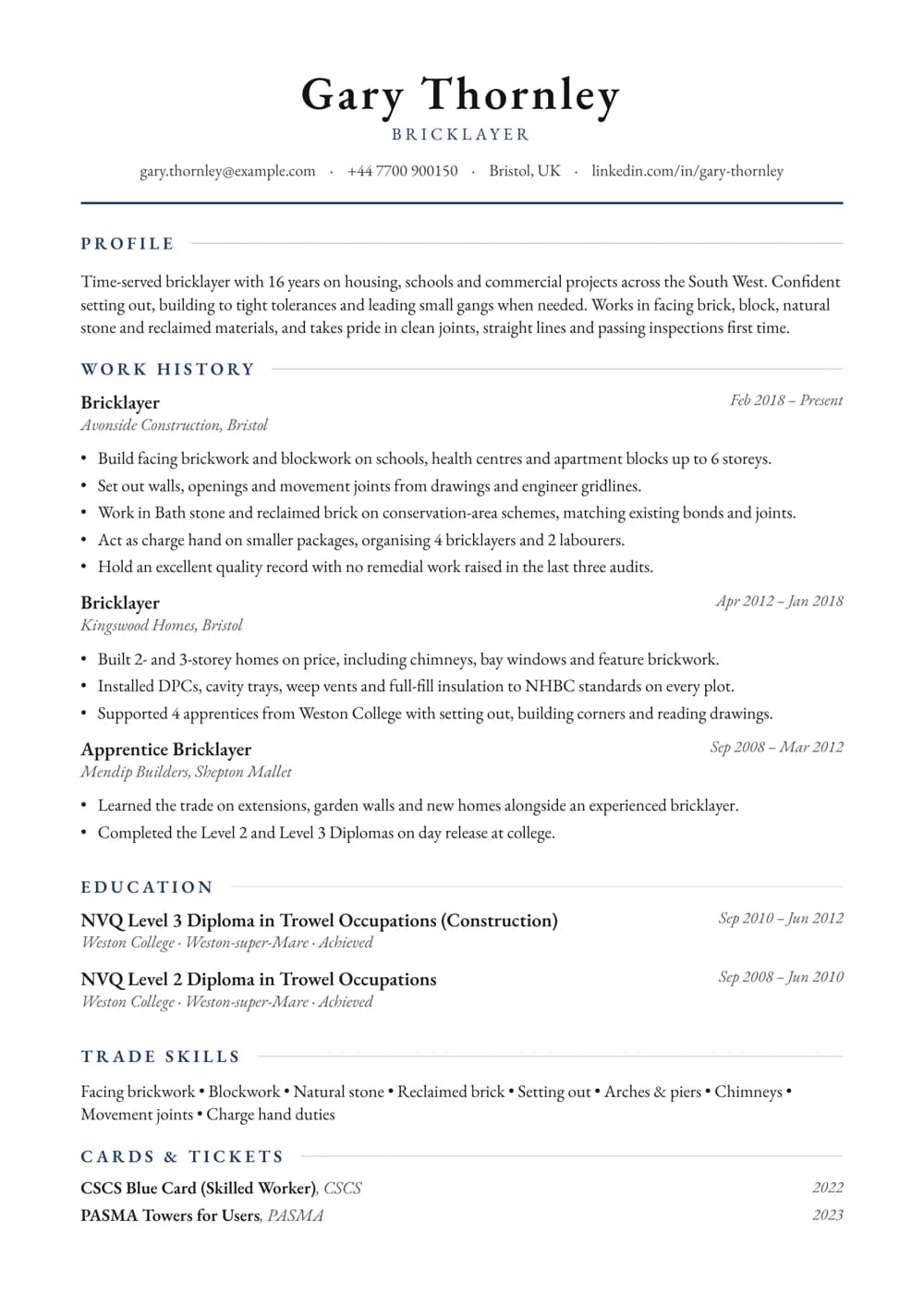 Time-Served Bricklayer CV template