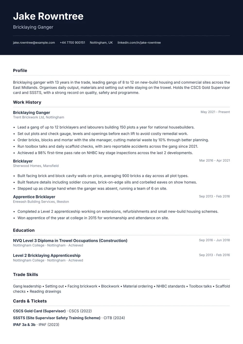 Bricklaying Ganger CV template