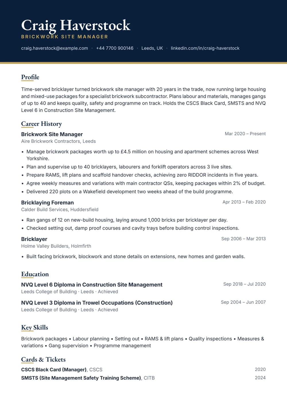 Brickwork Site Manager CV template