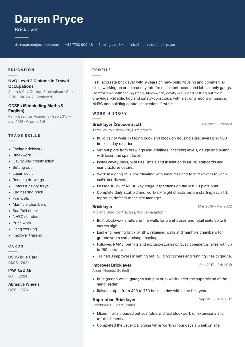 Subcontract Bricklayer CV template