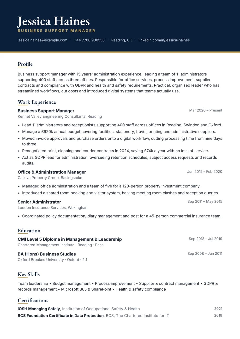 Business Support Manager CV template